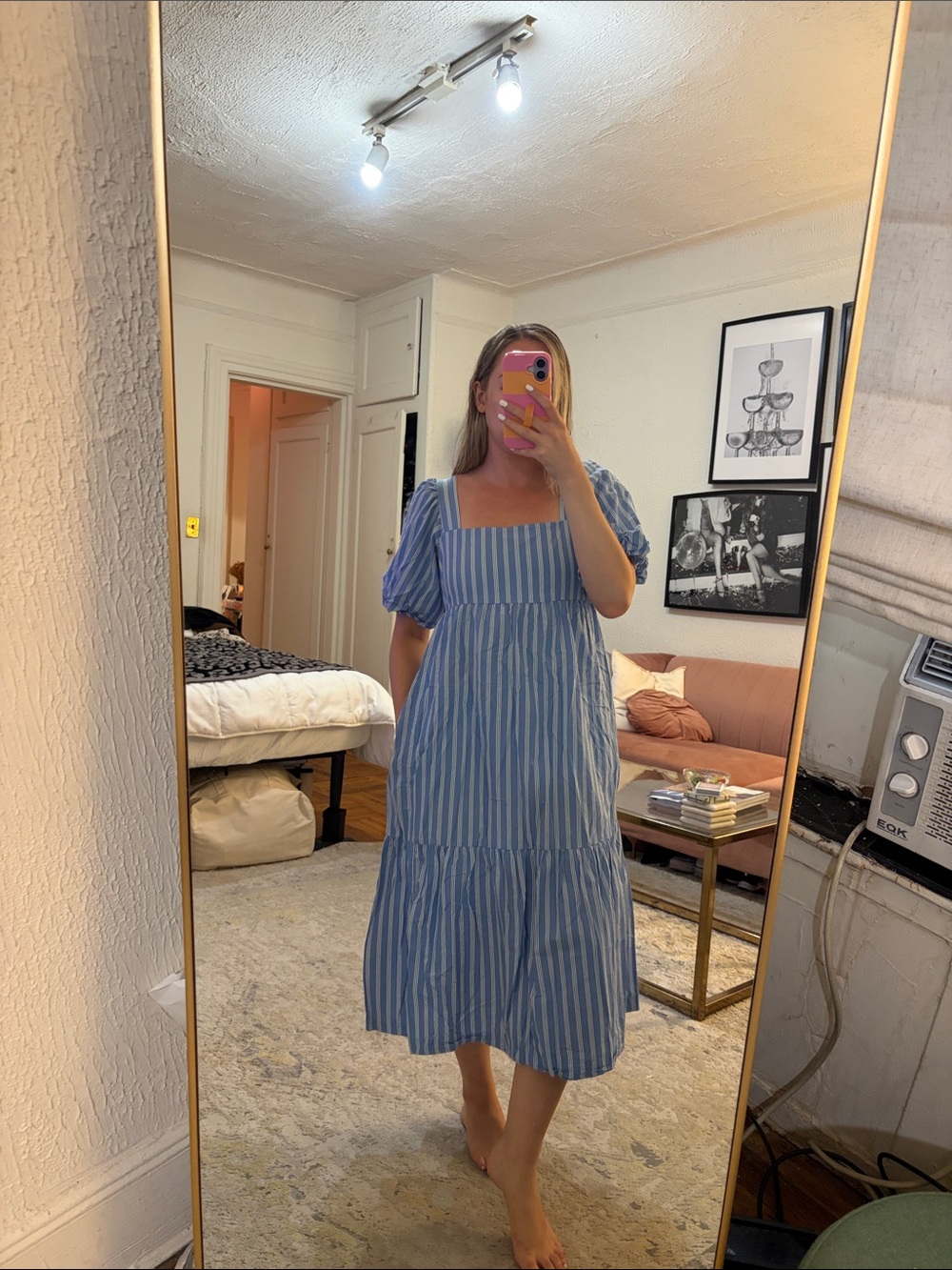 Blue Striped Puff Sleeve Midi Dress